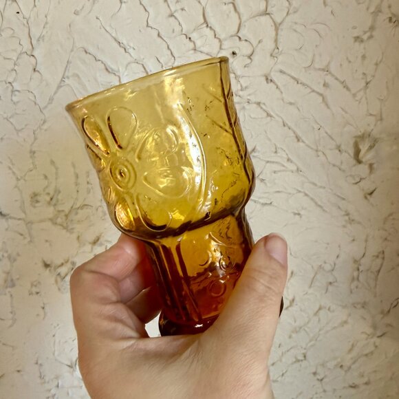 Vintage Amber Glass Goblets Set of 6 Floral Pressed Glass Mid Century A - Picture 6 of 10